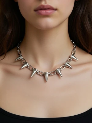 Silverfärgat halsband med spikes - Coolt halsband i silverfärgad metall med stora kedjelänkar och spetsiga spikes runt hela halsbandet. Justerbar längd med kedja och lås. Perfekt för dig som gillar edgy och alternativ stil.Halsband punk silversvart. Längd 35 cm. Spikar 2 cm.