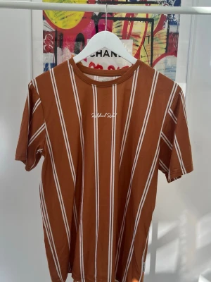 Brun randig t-shirt från Redefined Rebel - Snygg brun t-shirt från Redefined Rebel med vita vertikala ränder och broderad text på bröstet. Klassisk rund hals och korta ärmar. Perfekt för en avslappnad och trendig stil.
