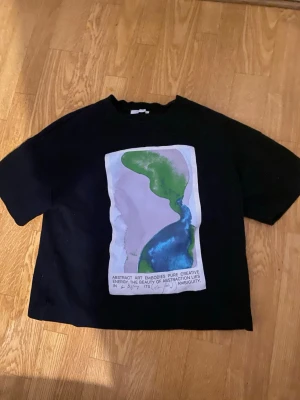 Svart t-shirt med abstrakt tryck - Svart t-shirt med coolt abstrakt tryck i grönt, blått och lila på framsidan. T-shirten har korta ärmar och en relaxed passform. Textdetalj på ryggen. Perfekt för dig som gillar unik och konstnärlig stil.