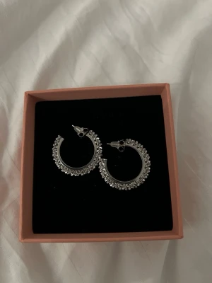 Silverfärgade hoops med stenar - Snygga silverfärgade örhängen från Edblad.  Örhängena har en klassisk rund form och stängs med plupp. Perfekta för att ge din look lite extra bling. Oanvända, därav priset. Nypris på dessa ligger på 449.❣️