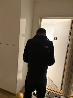 Svart dunväst från The North Face - Säljer en svart dunväst från The North Face med klassisk logga på bröstet. Västen har en puffad design och hög krage, perfekt för att hålla värmen. Materialet är dun och syntet, vilket gör den både lätt och isolerande. Passar till streetwear och chill dagar. Hör av dig om du har några frågor.