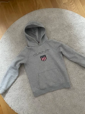 Grå hoodie från GANT med logga - Snygg grå hoodie från GANT med klassisk huva och stor magficka. På bröstet finns GANTs logga och ett broderat märke i rött, vitt och blått. Tillverkad i mjukt sweatshirtmaterial, perfekt för en avslappnad stil. Jätte bra skick det ändå är lite missfärgning i ärmen som man ser på bilden men det går nog bort om man skrubbar och det syns knappt.