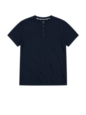 Mörkblå t-shirt med knappar - Snygg mörkblå t-shirt från Abercrombie & Fitch med korta ärmar och tre knappar vid halsen. Tillverkad i mjuk bomull för en skön känsla. Enkel och stilren design som passar till det mesta.