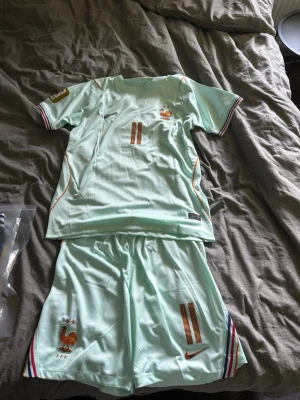 Frankrike fotbollskit Nike ljusblå - Säljer ett ljusblått Frankrike fotbollskit med matchande tröja och shorts. Setet har guldiga detaljer, nummer 11 och FFF-logga med tupp på både tröja och shorts. Ränder i blått, vitt och rött på ärmar och sidor. Perfekt för träning eller match! Tröjan och shortsen är aldrig använda därför 10/10 i skick. Man kan köpa bara tröjan också. Hör av er vid frågor. 