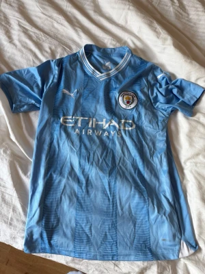 Manchester City fotbollströja hemma 23/24 - Snygg ljusblå Manchester City matchtröja från Puma med klubbmärke och Etihad Airways-logga på bröstet. Tröjan har vita detaljer vid kragen och är tillverkad i ett lätt, ventilerande material som passar perfekt till fotbollsträning eller match. Pris kan diskuteras.