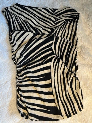 Zebramönstrad topp från H&M - Säljer en zebramönstrad topp från H&M i svart och beige. Toppen har en strukturerad yta och är ärmlös med en tight passform. Toppen har resår på båda sidorna. Använd max 3 gånger så den är i nyskick.