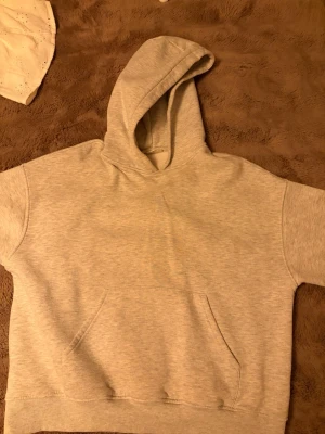 Ljusgrå hoodie med huva - En enkel och stilren ljusgrå hoodie med huva och magficka. Hoodien har korta ärmar och ribbade muddar nedtill. Perfekt för en avslappnad och chill look. Materialet känns mjukt och bekvämt, troligen bomullsblandning. Den har tyvärr en liten fläck längs ner, därför säljer jag den för 70 kr
