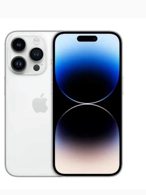 Vit iPhone 14 Pro med trippelkamera - Snygg vit iPhone 14 Pro med stilren design, rundade hörn och stor skärm. Baksidan är i glas och ramen i metall. Telefonen har tre kameror på baksidan och Apples logga. Perfekt för dig som gillar modern teknik och vill ha en riktigt vass mobil. Den har inga defekter och allt är bra med den 100% batteri och inga sprickor kanske nån repa här och där