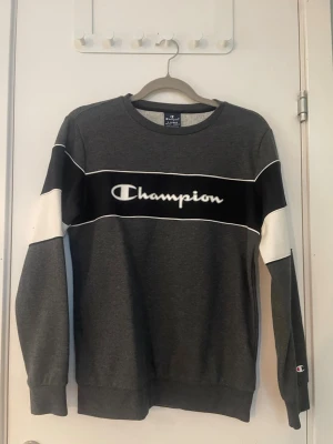 Grå sweatshirt från Champion - Snygg grå sweatshirt från Champion med svart och vitt band över bröstet och ärmarna. Stor logga framtill och ribbade muddar vid ärmslut och nederkant. Perfekt för en avslappnad och sportig stil.