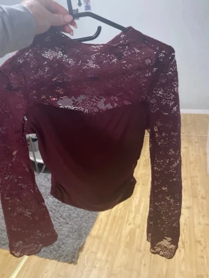 Vinröd spetstopp med lång ärm - Vinröd topp I spets med långärmad design och hög hals. Toppen har genombruten spets över axlar och ärmar samt fodrad kropp. Perfekt för dig som vill ha en elegant och trendig look. Säljer pg för liten 🥰
