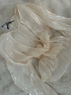 Glansig plisserad blus från Gina  - Snygg glansig blus från gina i ljusbeige med plisserade detaljer och knytning fram. Blusen har långa, vida ärmar och ett skirt, lätt material som ger en lyxig känsla. Perfekt för dig som vill sticka ut med en trendig och elegant look.