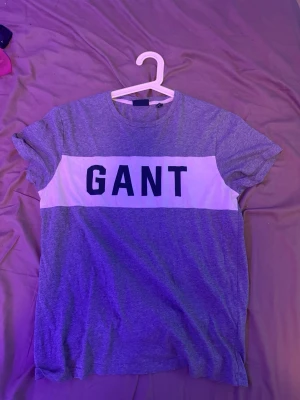 Grå GANT t-shirt med logga - Snygg grå t-shirt från GANT med stor vit panel över bröstet och svart logotyp. Klassisk rund halsringning och korta ärmar. Perfekt till jeans eller shorts för en clean och enkel look.