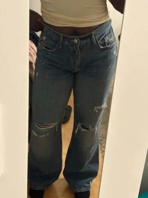Blåa baggy ripped jeans - Säljer ett par blåa baggy jeans med slitningar och stora hål på båda benen. Jeansen har  hög midja och en avslappnad passform. Perfekta för en cool och avslappnad stil. Materialet är klassisk denim i bomull.