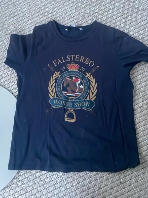 Falsterbo Horse Show t-shirt - Snygg svart t-shirt från Falsterbo Horse Show med stort tryck framtill i guld, blått och rött. Klassisk rund hals och korta ärmar. Perfekt för dig som gillar hästar och vill ha en sportig look.