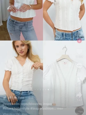 Vit spetsblus från Gina Tricot - Söt vit blus från Gina Tricot med broderade detaljer och spets längs v-ringningen och knäppningen. Blusen har korta ärmar och en figurnära passform. Perfekt till jeans eller kjol för en fräsch och somrig look.