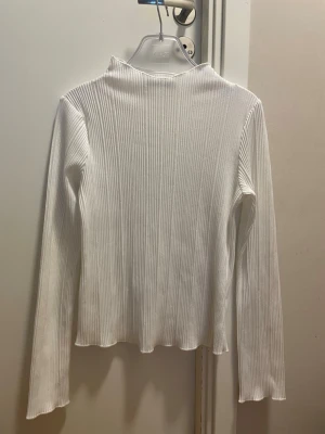 Vit ribbad polotopp från BikBok - Lite g bomskinlig. Säljer en vit ribbad polotopp från BikBok i storlek XS. Toppen har lång ärm, hög krage och är tillverkad i ett stretchigt material som sitter snyggt på kroppen. Perfekt att styla med jeans eller kjol för en clean look.