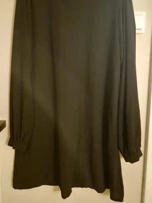 Svart långarmad klänning med spetsdetalj - Svart långärmad klänning med snygg spetsdetalj upptill vid halsen. Klänningen har en rak passform och är tillverkad i ett mjukt tyg som faller fint. Perfekt för dig som gillar stilrena plagg med en twist. Dragkedja i nacken. Ingen storlek men skulle säga L.