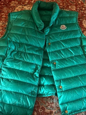Turkos dunväst från Moncler - Snygg turkos dunväst från Moncler med klassisk logotyp på bröstet. Västen har hög krage, guldfärgade knappar och quiltad design. Perfekt för lager-på-lager och ger en cool look. Materialet är glansigt och fyllningen är dun för extra värme. Köpt 2023 och knappt använd så inga skavanker 💚