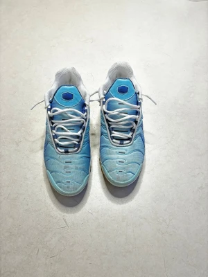 Nike Air Max Plus blå sneakers - Nike Air Max Plus sneakers i blått med vita detaljer och vita skosnören. Skorna har en ikonisk luftsula och en gradient färgskala från ljusblå till mörkblå. Ovandelen är i mesh och syntetmaterial, och sulan har tydliga Air Max-bubblor på sidorna.