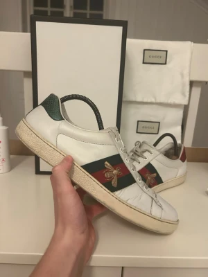 Gucci Ace skor - Säljer dessa Gucci Ace bee skor i stolek 44. De är i använt med okej skick. Box och påsar medföljer samt finns bildbevis på kvittot. Har du frågor eller funderingar, skriv gärna🙌 Postar inom 1-2 dagar📬