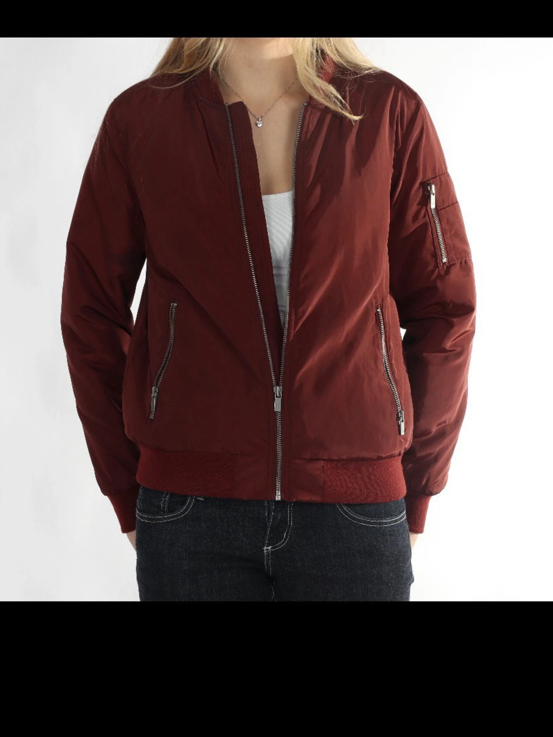 Vinröd bomberjacka med dragkedjor