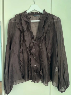 Zara brun volangblus - Snygg brun transparent blus från Zara med volangdetaljer längs knäppningen och runt kragen. Blusen har långa ärmar och pärlemorknappar framtill. Perfekt för dig som gillar en romantisk och trendig stil. Ny och helt oanvänt.