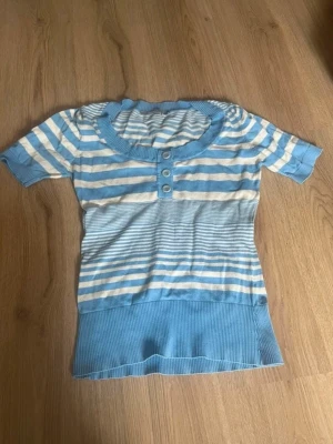 Blåvit randig topp med knappar - Snygg blå och vit randig topp med korta ärmar