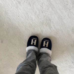 Harry Potter tofflor med fluff - Mörkblå tofflor från Harry Potter🎩🪄 Insidan är fodrad med mjukt vitt fluff🩷 jätte sköna att att på🥰 strl: 38-39 men skulle säga att de passar bättre lite mindre storlekar☺️ använda väldigt lite och säljer pga försmå🤗 ‼️pris kan diskuteras‼️