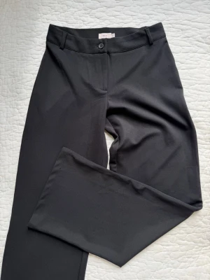 Svarta kostymbyxor från Vila - Stilrena svarta kostymbyxor från Nelly med raka ben. Byxorna har hällor för skärp, knapp och dragkedja framtill. Perfekta för en dressad look och enkla att matcha med olika toppar.  Skickas ej fler bilderwftersom plaggen är packade i flyttlåda. 