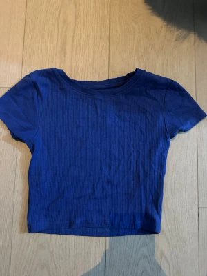 Blå ribbad croppad topp - En enkel och stilren blå croppad topp med ribbad struktur och korta ärmar. Perfekt att matcha med höga jeans eller kjol för en trendig look.