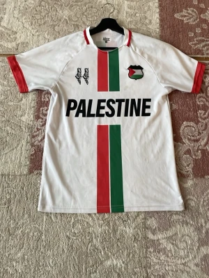 Vit Palestina fotbollströja - Vit fotbollströja med texten PALESTINE på bröstet, vertikala röda och gröna ränder samt röda detaljer på ärmarna. Tröjan har ett emblem med Palestinas flagga och svart mönstertryck på bröstet. Perfekt för dig som vill visa stöd eller spela fotboll. 