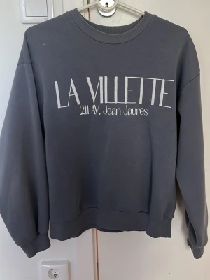 Grå sweatshirt LA VILLETTE tryck - Mörkgrå sweatshirt med vitt LA VILLETTE-tryck och texten '211 AV. Jean Jaures' på bröstet. Tröjan har rund halsringning, ribbade muddar vid ärmslut och nederkant samt en avslappnad passform. Perfekt för en chill och stilren look. finns en liten fläck på axeln (bild 4)