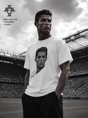 Vit t-shirt med Cristiano Ronaldos ansikte och Portugal  logga - Säljer en vit t-shirt med ett stort porträtttryck och signatur på framsidan samt en stor grafisk logga på ryggen. T-shirten har normal passform och korta ärmar, perfekt för dig som gillar statement-plagg och sportig stil.