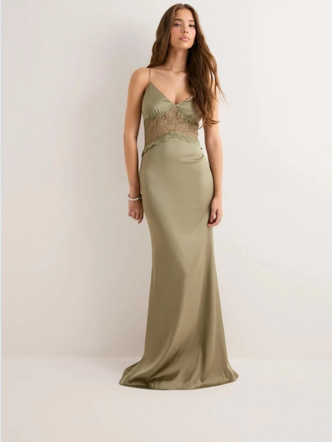 Olivgrön långklänning med spets, Lace Insert Dress Nelly