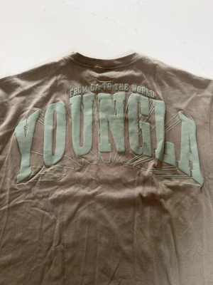 Brun t-shirt från YoungLA - Snygg brun t-shirt från YoungLA med stort tryck på ryggen och mindre logga på bröstet. T-shirten har rund hals och korta ärmar. Tillverkad i mjuk bomull för skön känsla och avslappnad stil.