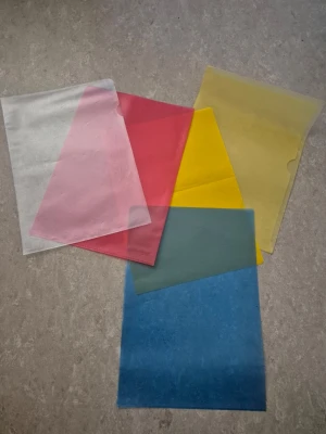 Aktmappar - Fem genomskinliga aktmappar i olika färger: vit, rosa, röd, gul och blå. Perfekta för att organisera papper eller dokument. Tillverkade i tunn plast och passar A4-papper. Säljs som ett set. Allt 30kr.
