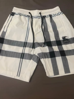 Vita rutiga shorts med snörning - Säljer ett par vita shorts från Burberry med klassiskt rutigt mönster i svart och grått. Shortsen har elastisk midja med svart snörning och sidofickor. Perfekta för sommaren och riktigt snygga till en enkel t-shirt.