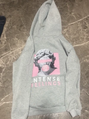 Grå hoodie med tryck INTENSE FEELINGS - Snygg grå hoodie med huva och ett stort tryck framtill i rosa och vitt. Trycket visar en staty med bubbelgum och texten 'INTENSE FEELINGS'. Hoodien har ribbade muddar och en klassisk känguruficka. Perfekt för dig som gillar streetwear och coola prints.