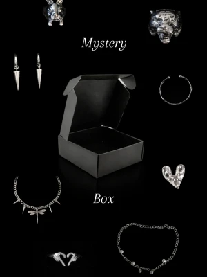 Mystery box med silvriga smycken - 1 smycke pär box! Mystery box fylld med olika silverfärgade smycken som halsband, örhängen, ringar och armband. Innehållet har motiv som läppar, blommor, trollslända och vingar. Perfekt för dig som gillar överraskningar och unika accessoarer.