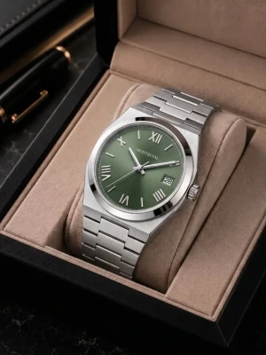 Montreval seiko mod nh35 urverk grön romerska siffror - Stilren klocka från Montreval med grön urtavla och romerska siffror. Boetten och länken är i silverfärgat stål och klockan har datumvisning vid klockan tre. Perfekt accessoar för dig som gillar klassisk men modern stil.