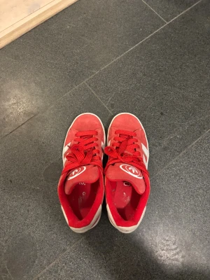 Röda Adidas campus sneakers  - Snygga röda Adidas campus sneakers med klassiska vita ränder på sidorna och vit sula. Skorna har en låg profil och är gjorda i mockaliknande material med matchande röda skosnören. 