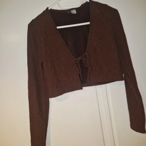 Brun ribbad croppad bolerotopp - Säljer en brun croppad bolerotopp med långa ärmar och v-ringning. Toppen är ribbad och har knyt framtill för en snygg detalj. Perfekt att slänga över ett linne eller klänning för en chill look.