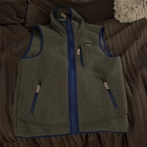 Grå fleeceväst från Patagonia XS -  grå fleeceväst från Patagonia i storlek XS. Västen har blå detaljer, hög krage och tre fickor med dragkedja. Perfekt för lager-på-lager och outdoor-vibes. Klassisk Patagonia-logga på bröstet och mjuk teddystruktur.
