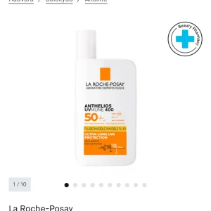 La Roche-Posay Anthelios UVmune 400 SPF50+ - Anthelios UVmune 400 SPF50+ är en ultralätt, osynlig solskyddsfluid för ansiktet. Kommer i en vit plastflaska med orange detaljer. Passar perfekt under smink och lämnar ingen vit hinna. Oparfymerad och med hög UVA- och UVB-skydd.