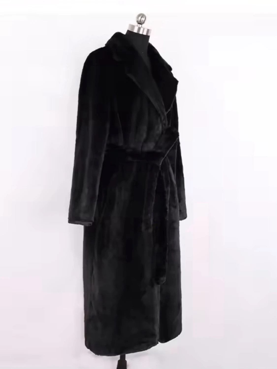 Svart lång pälsjacka med bälte - 2