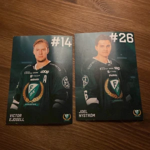 Färjestad BK hockeykort  - Jag säljer två hockey kort från Färjestad bk, direkt från deras egna shop i Löfbergs arena. Spelarna är Joel Nyström och Victor Ejdsell. Ett kort säljer jag för 40 och båda korten för 70. Korten finns inte att köpa i butik längre.