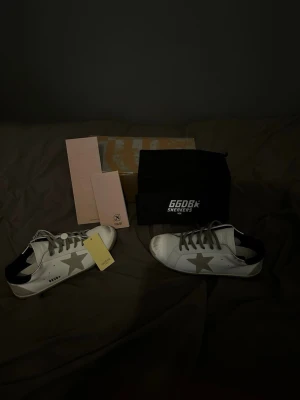 Golden Goose Superstar sneakers vit/grå - Golden Goose Superstar sneakers i vitt skinn med grå mockadetaljer och en stor grå stjärna på sidan. Skorna har grå snörning, svart häl och platt sula. Märkningen GGDB syns på sidan och innersulan. Levereras med originalpåse och tags.