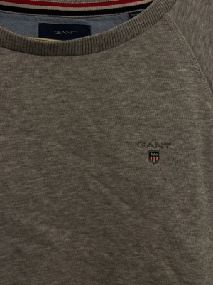 Grå sweatshirt från GANT - Säljer en stilren grå sweatshirt från GANT med broderad logga och emblem på bröstet. Tröjan har rund hals, ribbade muddar och är långärmad. Perfekt för chill dagar och enkel att matcha med jeans eller joggers. 