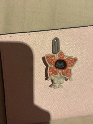 Kinder joy  - Bilderna visar en liten figur med blomliknande huvud och en krok för upphängning, men ingen väst syns på bilderna.