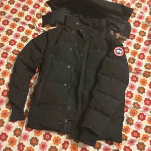 Svart dunjacka från Canada Goose - Säljer en svart dunjacka från Canada Goose med avtagbar huva och klassisk logga på ärmen. Jackan har dragkedja och knappar framtill, stora fickor och ribbade muddar vid ärmsluten. Perfekt för kalla dagar och riktigt snygg streetstil.